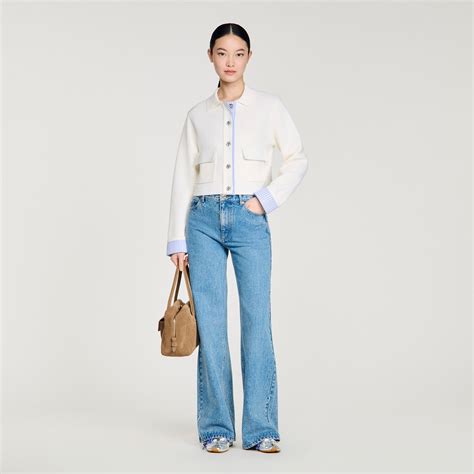 Wool cardigan with a polo collar white / beige For Women | Sandro Paris