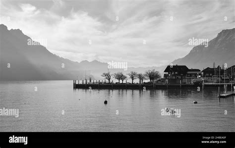 View from the lake at houses Black and White Stock Photos & Images - Alamy