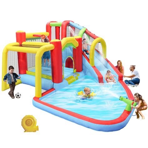 7 in 1 Inflatable Water Park Slide Bounce House Outdoor Garden Bouncer with Splash Pool, Water ...