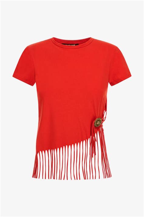 T-shirt with fringing in Red for Women | Roberto Cavalli®
