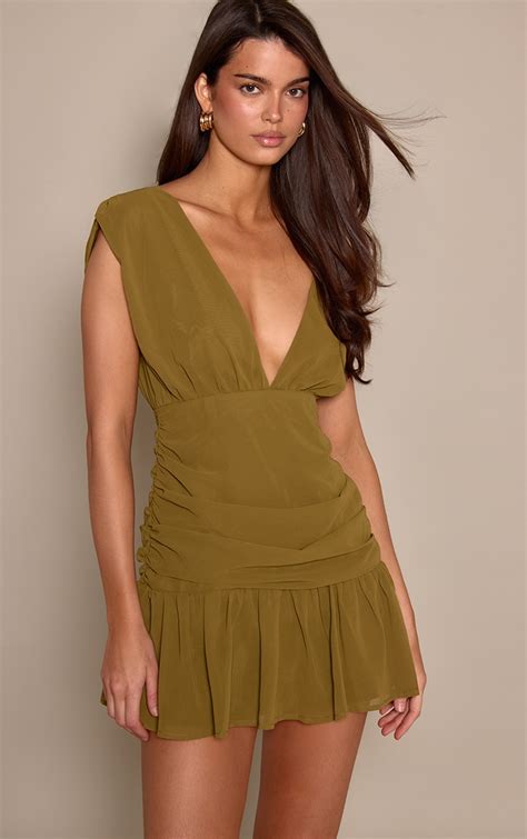 Olive Chiffon V Neck Ruffle Shift Dress | Dresses | PrettyLittleThing CA