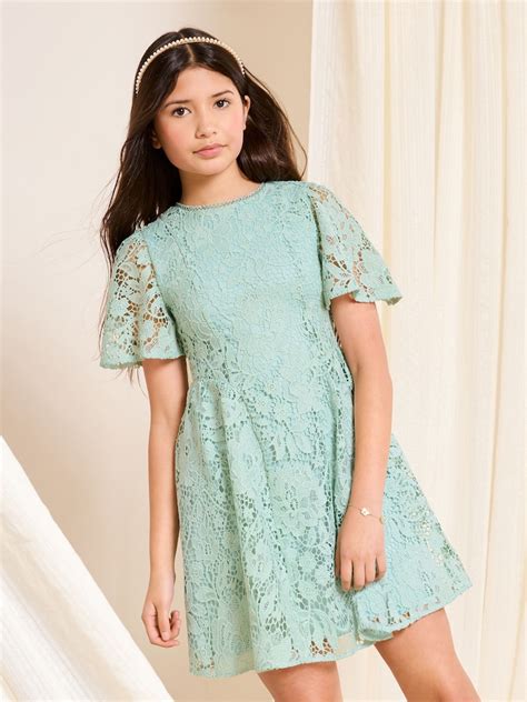 Buy Lipsy Sage Green Lace Angel Sleeve Occasion Dress (5-16yrs) from ...