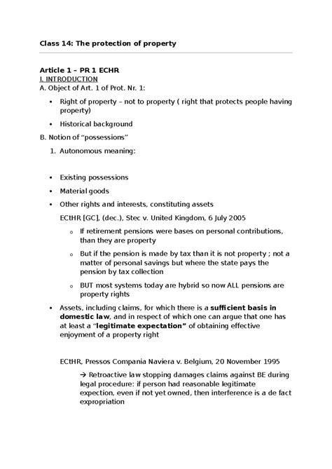 Class 14: The Protection of Property Rights under Article 1 PR 1 ECHR ...