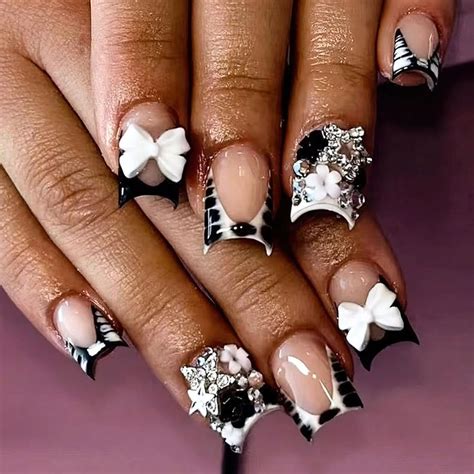 French Tip Press on Nails Short Square Fake Nails with Bow Charms ...