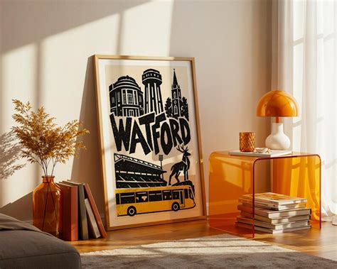 Watford Linocut Style Print With Retro Typography, Vicarage Road ...