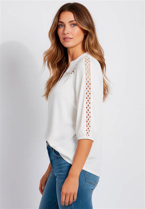 Plus Size Lace Pointelle V-Neck Blouson Sleeve Tunic | Roaman's