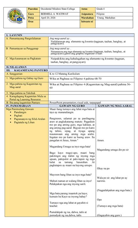 Detailed Lesson Plan in Filipino for Grade 4 (Antas 4) - Studocu