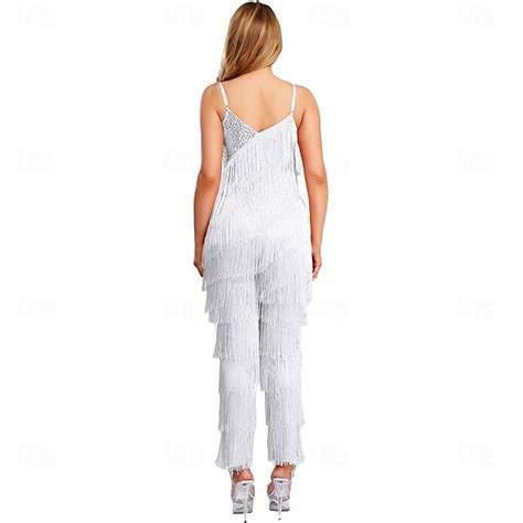 White Tiered Fringe Jumpsuit - Sparkling Sequin Latin Samba Dance ...