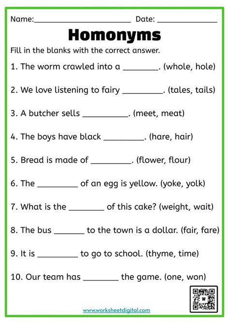 Grade 4 English - Worksheet Digital | Homonyms words, English ...