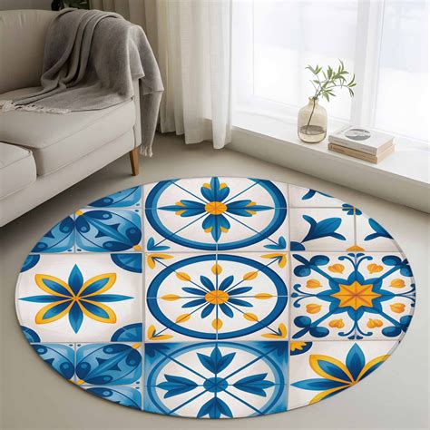 Blue Retro Boho Washable Round Area Rug 4 ft, Geometric Floral ...