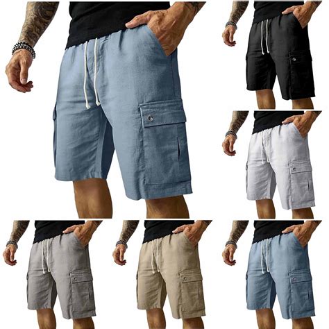 Swuxness Men Linen Cargo Half Shorts Pants Solid Color Snap Pocket ...