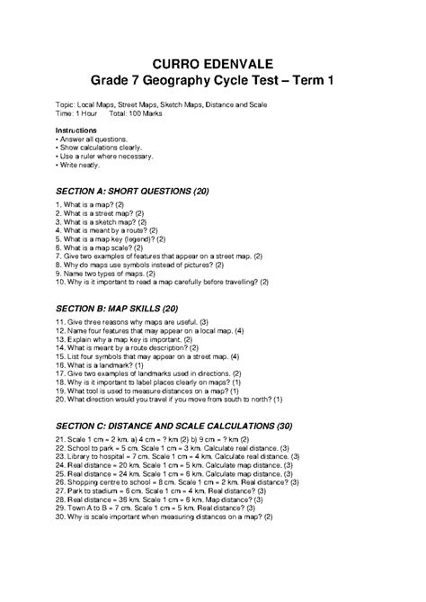 CURRO EDENVALE Grade 7 Geography Term 1 Cycle Test: Maps & Scale - Studocu