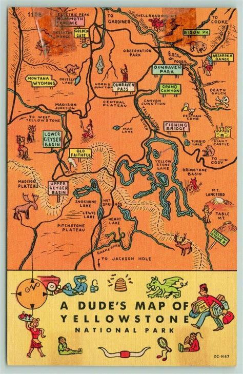 Yellowstone National Park Wyoming~A Dude's Map~Rivers~Dragon~Bee Hive ...