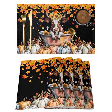 Bathtub Cow Fall Placemats Set of 4 Thanksgiving Pumpkin Sunflower ...