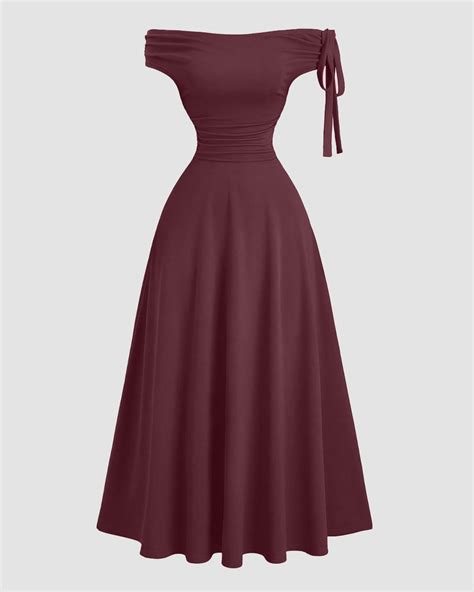Maroon Off-Shoulder A-Line Long Dress with Tie Detail – Littlebox India