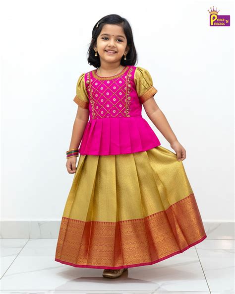 Pink Golden Pattu Pavadai Aari Work | Festival Wear – Prince N Princess