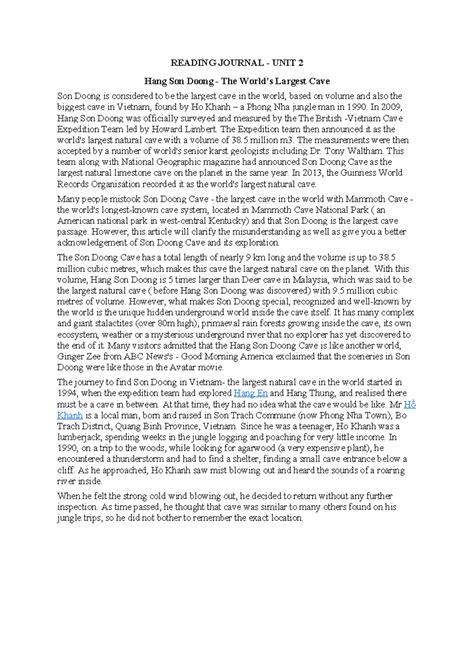 U2 - Reading Journal: Exploring Hang Son Doong, The Largest Cave - Studocu