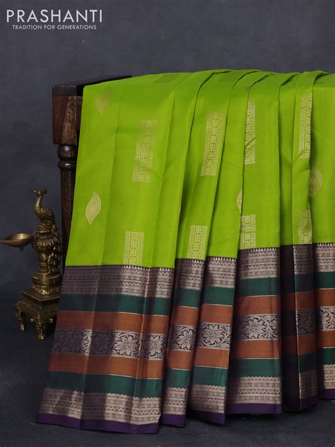Pure kanchipuram silk saree fluorescent green and deep violet with zar ...