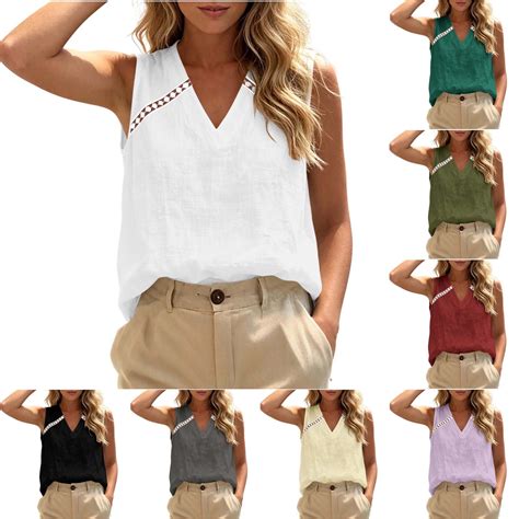 ClodeEU Women's Breathable Linen Blend V Neck Sleeveless Top ,Casual ...