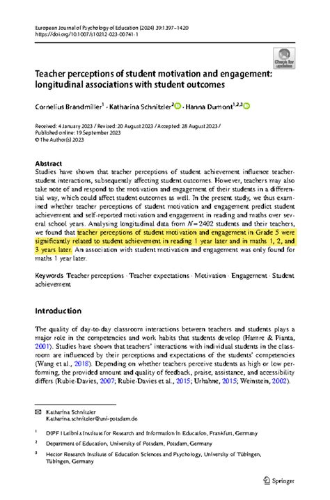 Teacher Perceptions of Student Motivation and Engagement: Longitudinal ...