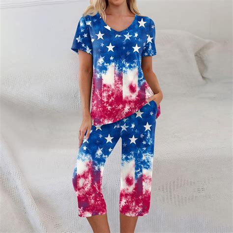 4th of July Pajamas for Women 2 Pieces Sleepwear Women Red Blue and ...