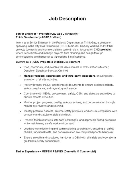 Job Description: Senior Engineer - CNG Projects at Think Gas - Studocu