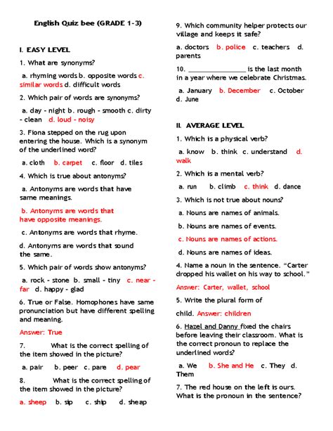 English Quiz Bee (GRADE 2) - Easy to Difficult Levels - Studocu