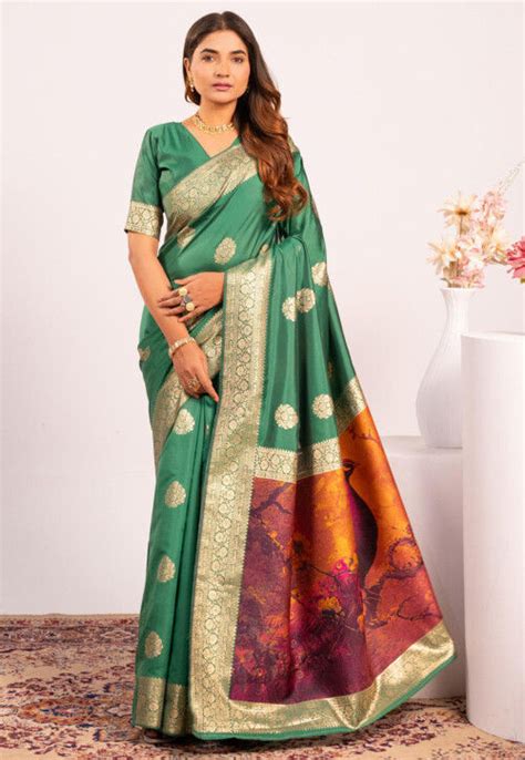 Dark Green Pure Soft Banarasi Silk Zari Woven Saree – Anant Exports
