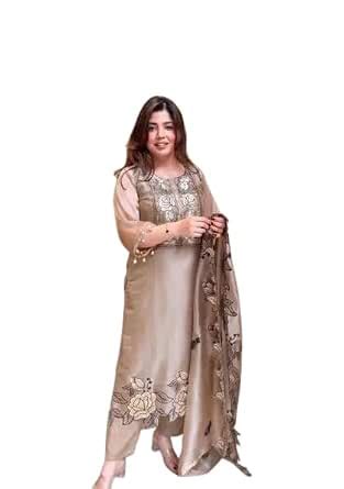 Buy Women’s Beige Embroidered Kurti Set with Floral Embroidery ...
