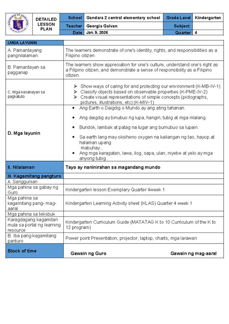 Quarter 4 Week 1 Day 5 Lesson Plan Demo for Kindergarten - Studocu