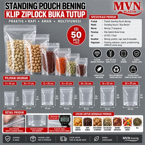 Jual Standing Pouch Bening Transparan Isi 50 PCS Klip Ziplock Berdiri ...
