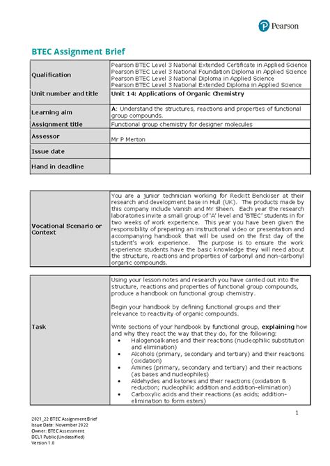BTEC Level 3 Unit 14: Functional Group Chemistry Handbook - Studocu
