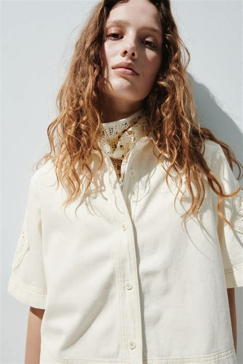 Short-sleeved denim shirt - Cream - Ladies | H&M MY