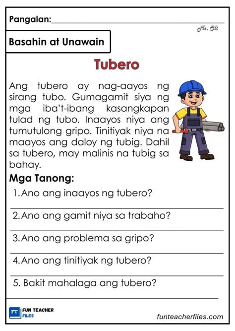 Filipino Reading Materials with Comprehension Questions Set 36- Jobs ...