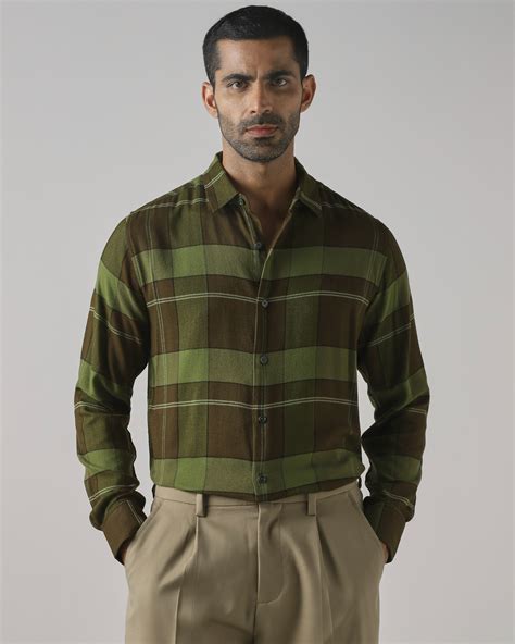 Buy Olive Flannel Check Slim Fit Casual Shirt Online at Muftijeans