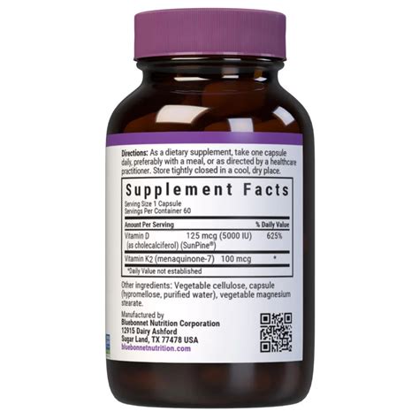 Bluebonnet, Vegan Vitamin D3 & K2, 125 mcg (5000 IU) & K2 100 mcg