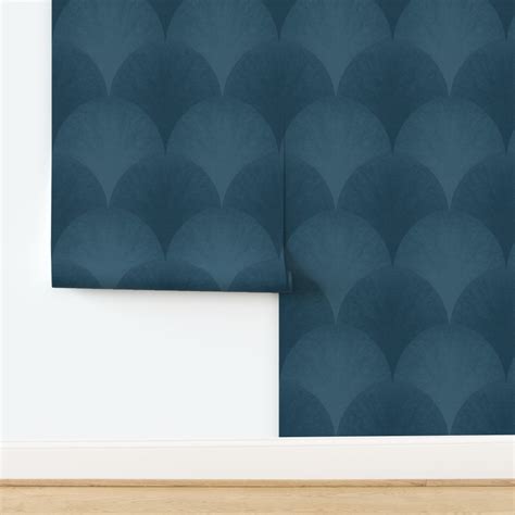 M Feather Fan Scallop Medium Scale Dark Coastal Navy Blue Wallpaper | Sp...