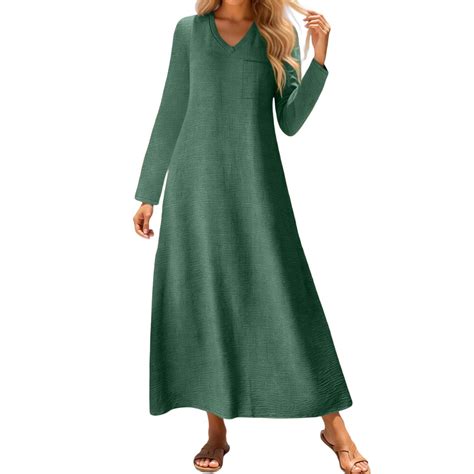 DGMIOCS Women's Solid Color Dress Cotton Vintage Swing Dress Army Green ...