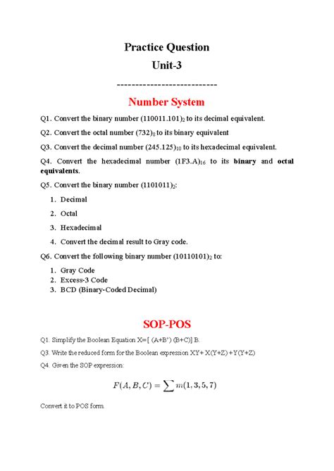 Practice Questions Unit 3: Number System Conversions & Boolean Algebra ...