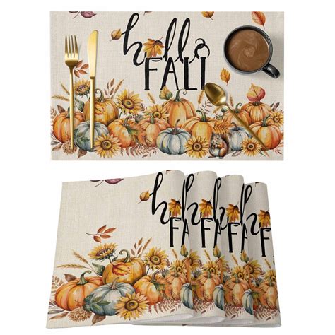 Fall Placemats Set of 4 Thanksgiving Pumpkin Sunflower Autumn Leaves ...