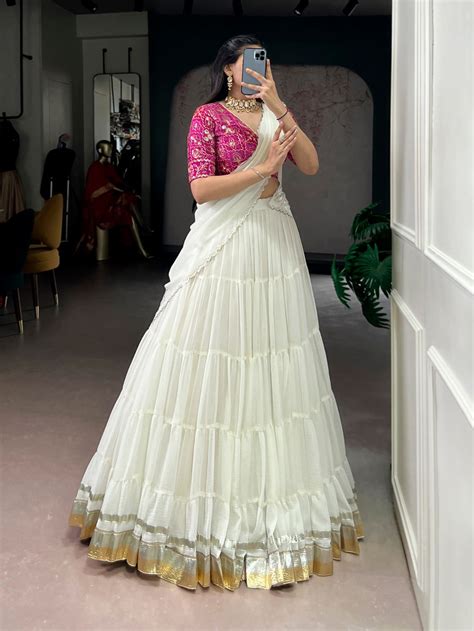 Prachi White Marbel Embossed Design Lace Gota Patti Half Saree Lehenga ...