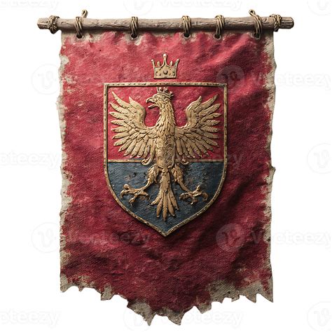 Ornate Medieval Banner with Golden Eagle Crest and Crown. Torn Red ...