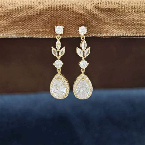 Buy Gold Bridal Teardrop Earrings CZ Floral Dangle Wedding Jewelry ...