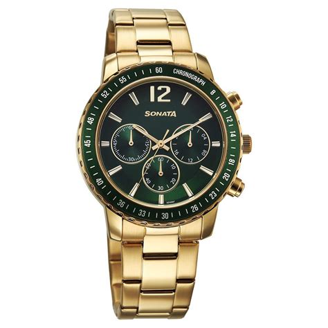 Buy Online Sonata Chronos Quartz Analog with Date Green Dial Golden ...