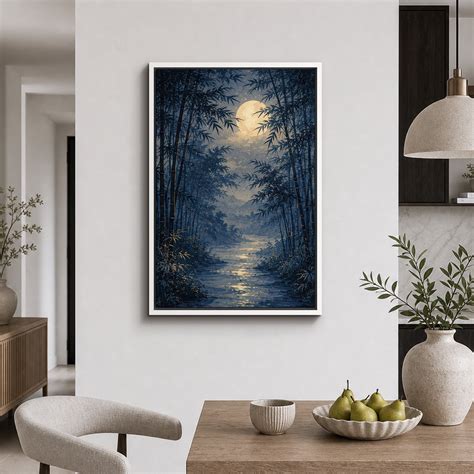 Framed Canvas Print Moonlit Bamboo River Wall Art Asian Artwork ...