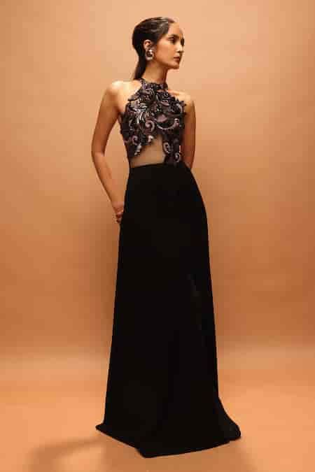 Buy Black Tulle, Crepe Sequins, Embroidery, Cut Work Halter Araquis ...