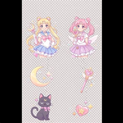 Magical Girl Clipart Bundle PNG, Cute Kawaii Anime Clipart, Moon Star Wand Cat, Pastel Digital ...