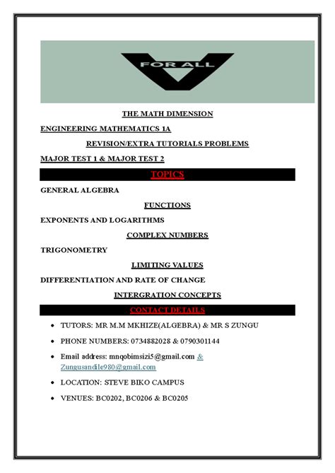 Math 1A Major Test 1 & 2 Revision: Algebra, Functions, and Trigonometry ...