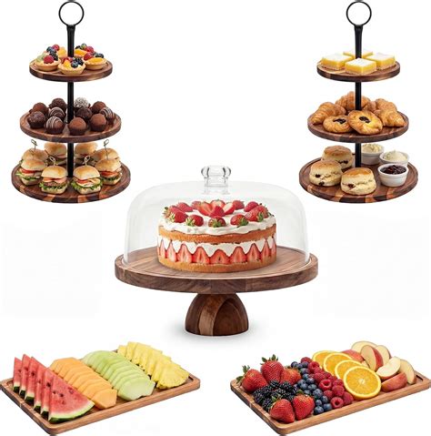 2026 Wooden Dessert Table Display Set,Acacia Wood Cake Stand with Dome ...