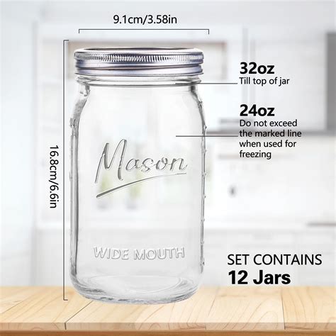 Mason Jars 32 oz,12 Pack Quart Wide Mouth Mason Jar With Airtight Lids,Glass Canning Jars for ...